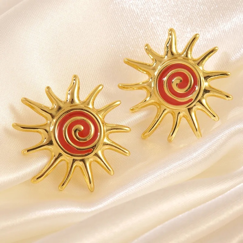 Gold and Red Sunburst Earrings Boho Style Jewelry
